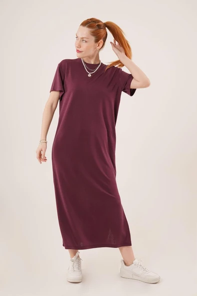 Yırtmaç Detaylı Kısa Kollu Salaş Maxi Bordo Elbise - Resim 4