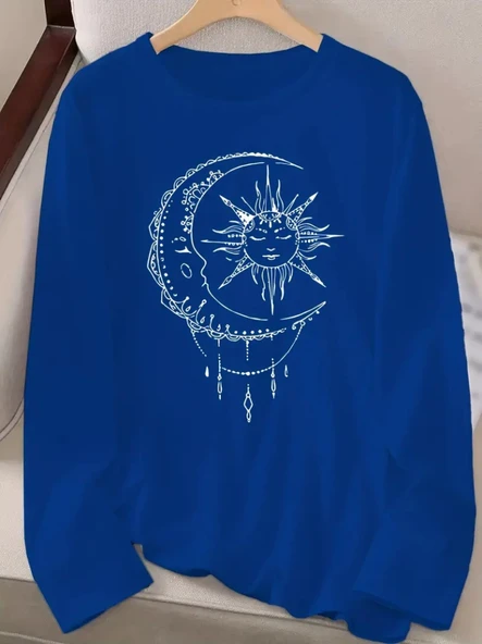 Kadın Uzun Kollu Bisiklet Yaka Ay Baskılı Viskon Bluz - Resim 3