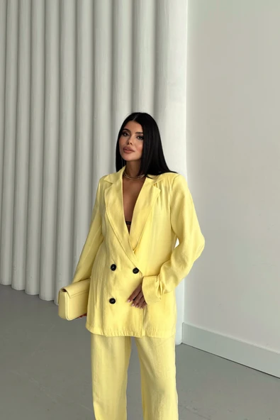 MODAL 4 DÜĞME ASTARSIZ CEKET - PANTOLON TAKIM - Sarı - Resim 2