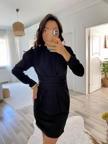 Kadın Uzun Kollu Bisiklet Yaka Bel Kemer Detay Ithal Krep Elbise - Resim 5