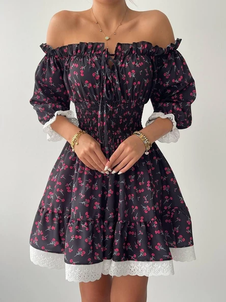 Marne Beli Lastikli Mini Elbise - Resim 2