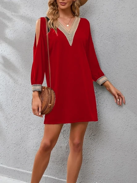 Kadın Uzun Kollu Yaka Ve Kol Manşet Güpürlü Detay Krep Mini Boy Elbise ürün görseli