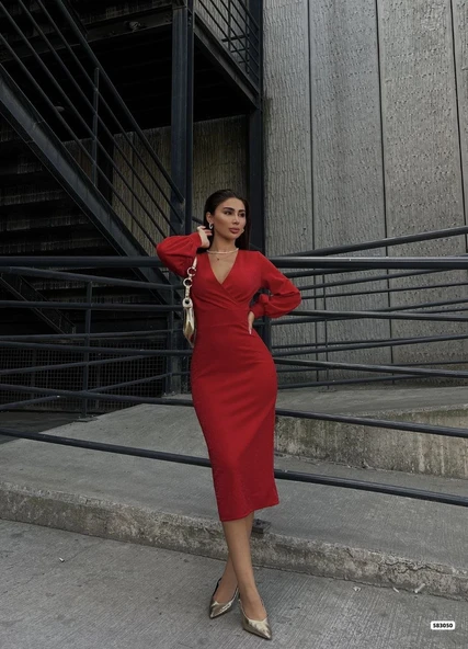 Kadın Kruvaze Yaka Balon Kol Simli Krep Kumaş Midi Boy Elbise - Resim 4