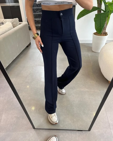 Kadın Yüksek Bel Full Likralı Krep Kumaş Pantolon - Resim 2