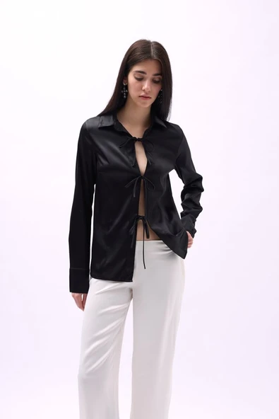 Bağlama Detay Saten Gömlek - Resim 3