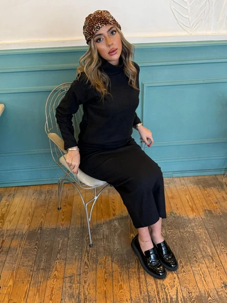 Kadın Uzun Kollu Balıkçı Yaka şardonlu Bluz Etek Takım - Resim 2