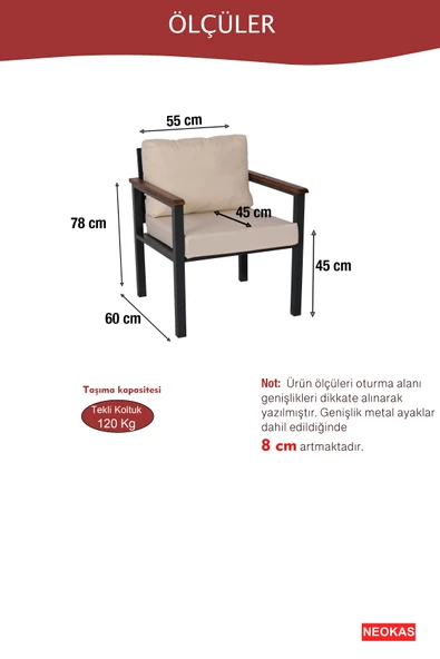 NEOKAS Balkon Mobilyası, Metal Oturma Grubu, Balkon Seti, Kafe Koltuğu, Teras Takımı, 1 Koltuk - Resim 4