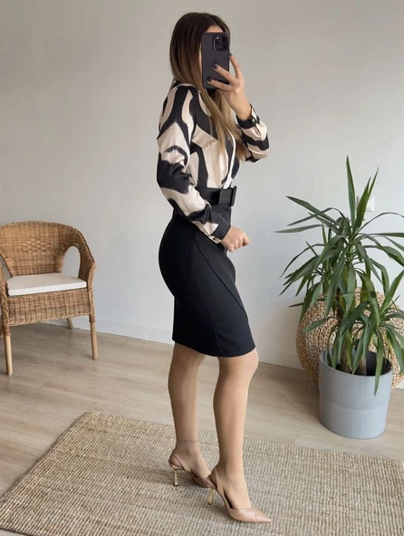 Kadın Uzun Kollu Yakalı üst Dalgıç Eteği Krep Kemerli Elbise - Resim 7