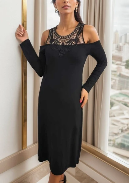 Kadın Uzun Kollu Yaka önü Güpürlü Madonna Yaka Viskon Midi Boy Elbise - Resim 6