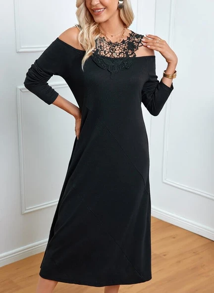 Kadın Uzun Kollu Yaka önü Güpürlü Madonna Yaka Viskon Midi Boy Elbise ürün görseli