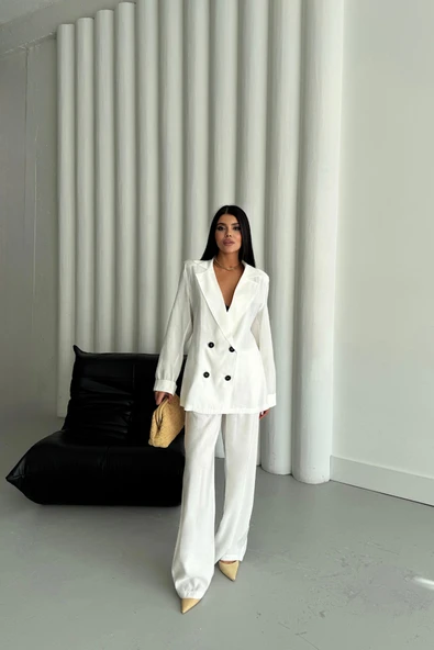 MODAL 4 DÜĞME ASTARSIZ CEKET - PANTOLON TAKIM - Beyaz ürün görseli