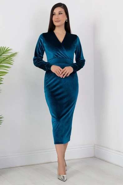 Kadın Kadife Kumaş Manşetli V Yaka Şık Kalem Elbise - Resim 7