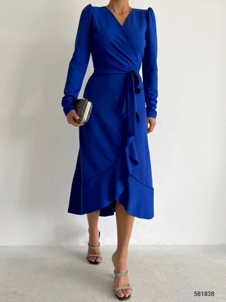 Krep Kumaş Midi Boy Kuşaklı Uzunkol Elbise - Resim 11