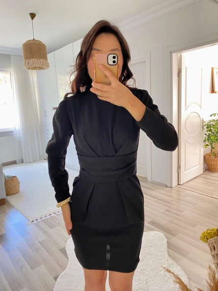 Kadın Uzun Kollu Bisiklet Yaka Bel Kemer Detay Ithal Krep Elbise - Resim 9