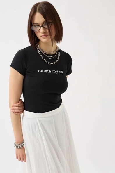 Baskılı Likralı Crop T-Shirt - Resim 3