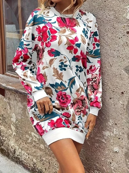 Kadın Uzun Kollu Bisiklet Yaka çiçek Baskılı şardonlu Dalgıç Elbise - Resim 6