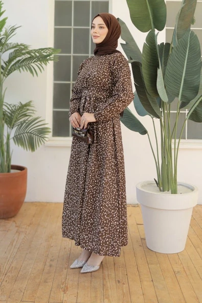 Kadın Papatya Desen Bisiklet Yaka Belden Bağlamalı Elbise - Resim 5