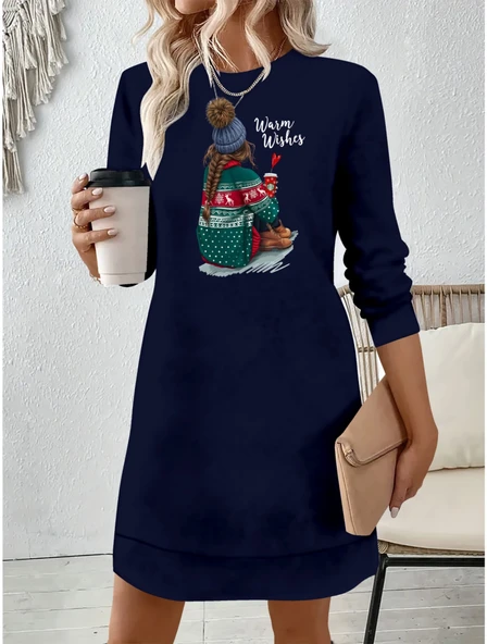 Kadın Uzun Kollu Bisiklet Yaka Desenli Viskon Iki Iplik Elbise ürün görseli