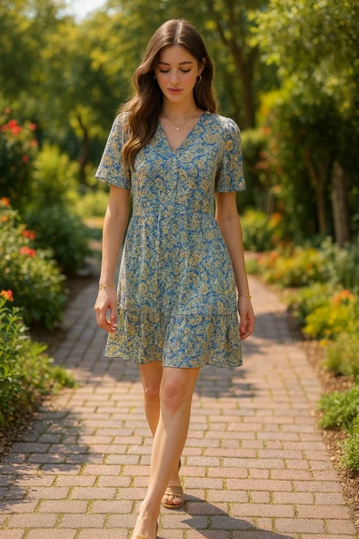 Yeşil Desenli Saten Elbise - Resim 5