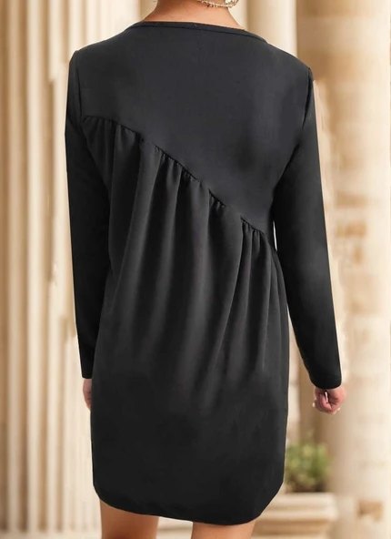 Kadın Uzun Kollu Bisiklet Yaka çapraz Büzgü Detay Iki Iplik Mini Boy Elbise - Resim 6