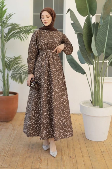 Kadın Papatya Desen Bisiklet Yaka Belden Bağlamalı Elbise - Resim 8