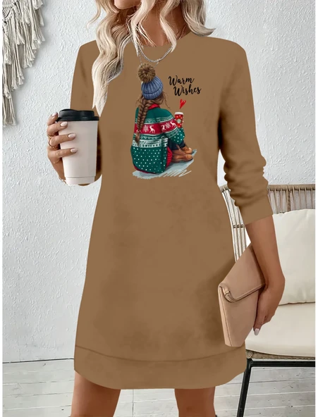 Kadın Uzun Kollu Bisiklet Yaka Desenli Viskon Iki Iplik Elbise ürün görseli