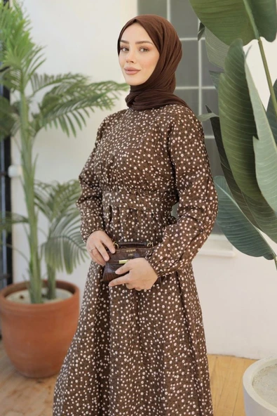 Kadın Papatya Desen Bisiklet Yaka Belden Bağlamalı Elbise - Resim 4