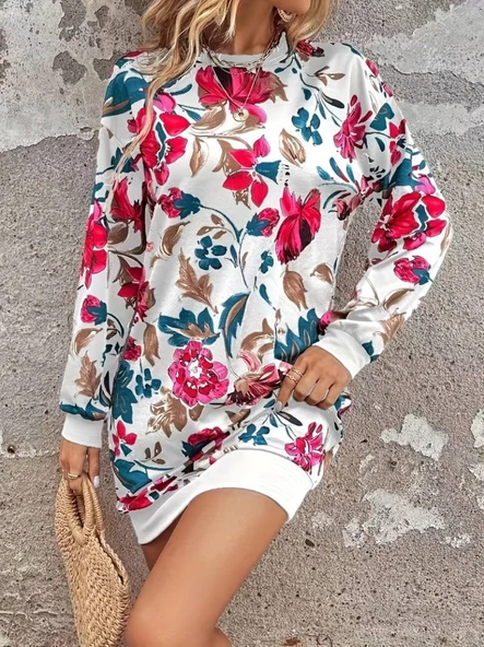 Kadın Uzun Kollu Bisiklet Yaka çiçek Baskılı şardonlu Dalgıç Elbise - Resim 4