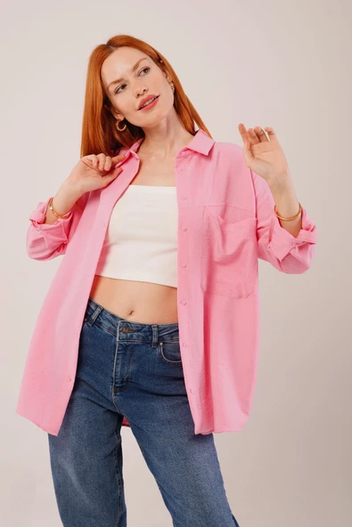 Salaş Kesim Cepli Pembe Gömlek - Resim 4