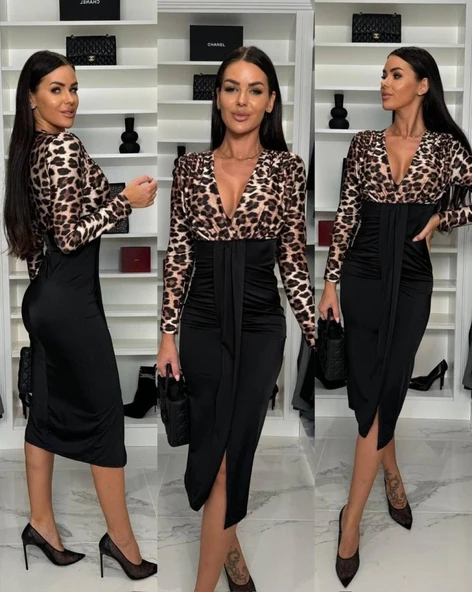 Kadın Dijital Baskılı Full Likralı Kristal örme Kumaş Drape Detaylı Yırtmaç Dekolteli Midi Boy Elbise - Resim 7