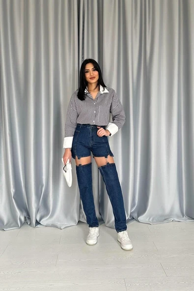 Mavi Askılı İki Parça Jeans Pantolon ürün görseli