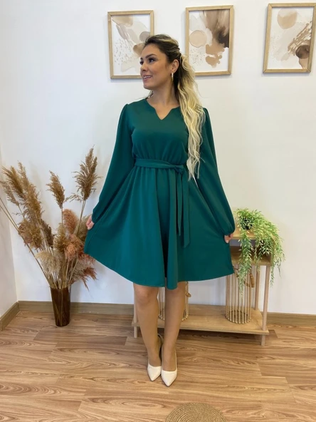 Kadın Uzun Kollu V Yakalı Belden Kuşaklı Kiloş Krep Elbise - Resim 6