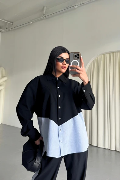 POLYVİSKON - POPLİN PARÇALI GÖMLEK PANTOLON TAKIM - Siyah - Resim 2