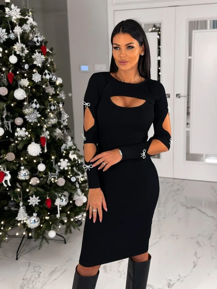 Kadın Dekolte Detaylı Scuba Dalgıç Kumaş Taş Aksesuarli Elbise - Resim 4