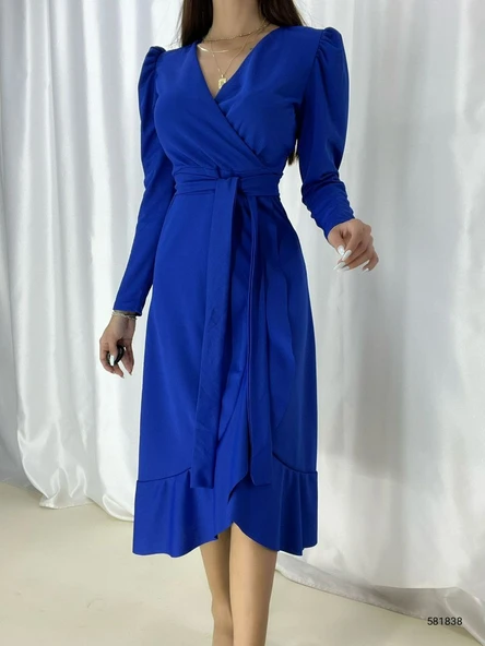 Krep Kumaş Midi Boy Kuşaklı Uzunkol Elbise - Resim 6