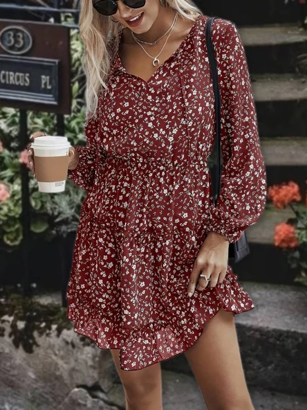 Kadın Uzun Kollu V Yaka Bağcıklı Belden Gipeli çiçek Baskılı Kısa Süprem Elbise - Resim 4