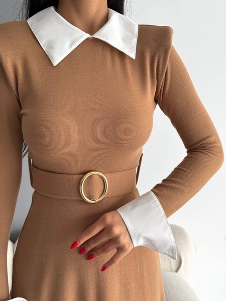 Kadın Uzun Kol Gömlek Yaka Ve Vatka Detay Kemer Dahil Midi Boy Elbise ürün görseli