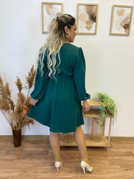 Kadın Uzun Kollu V Yakalı Belden Kuşaklı Kiloş Krep Elbise - Resim 8