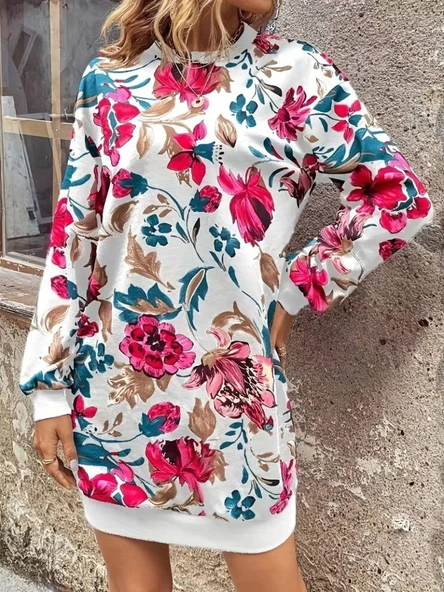 Kadın Uzun Kollu Bisiklet Yaka çiçek Baskılı şardonlu Dalgıç Elbise ürün görseli