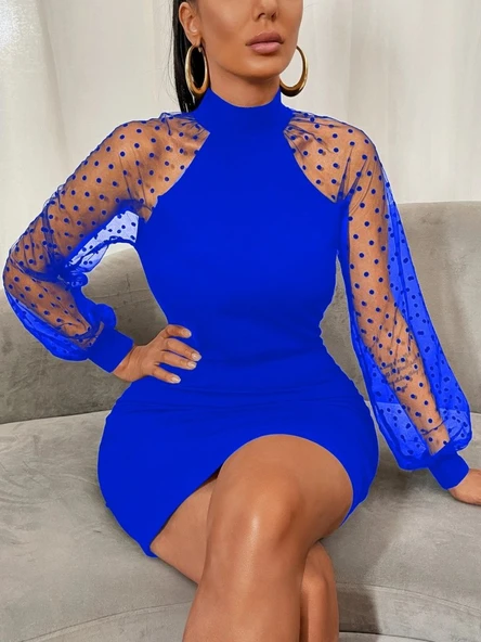 Kadın Uzun Kollu Kollar Tül Puantiye Detay Dalgıç Mini Boy Elbise - Resim 3