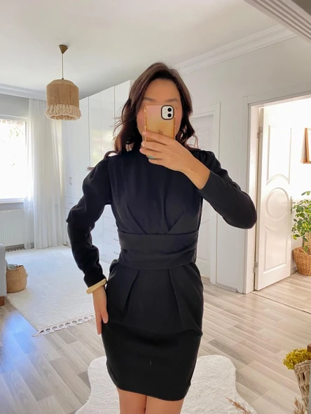 Kadın Uzun Kollu Bisiklet Yaka Bel Kemer Detay Ithal Krep Elbise - Resim 4