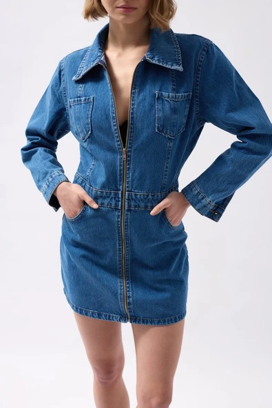 Cep Detaylı Fermuarlı Denim Elbise - Resim 4