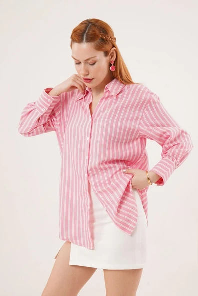 Çift Çizgi Geçişli Düğmeli Pembe Gömlek - Resim 3