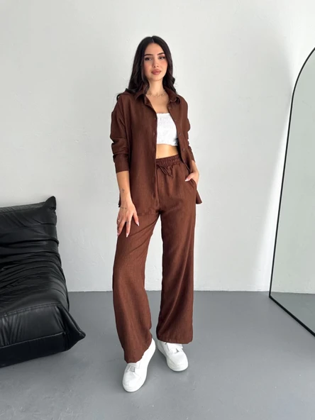 Gömlek Pantolon Ikili Takım - Kahverengi - 2