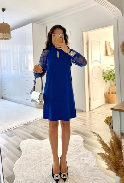 Kadın Uzun Kollu Tül Detay Sandy Mini Boy Elbise - Resim 7