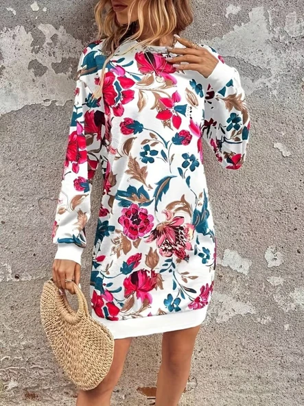 Kadın Uzun Kollu Bisiklet Yaka çiçek Baskılı şardonlu Dalgıç Elbise - Resim 3