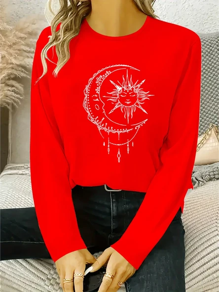 Kadın Uzun Kollu Bisiklet Yaka Ay Baskılı Viskon Bluz ürün görseli