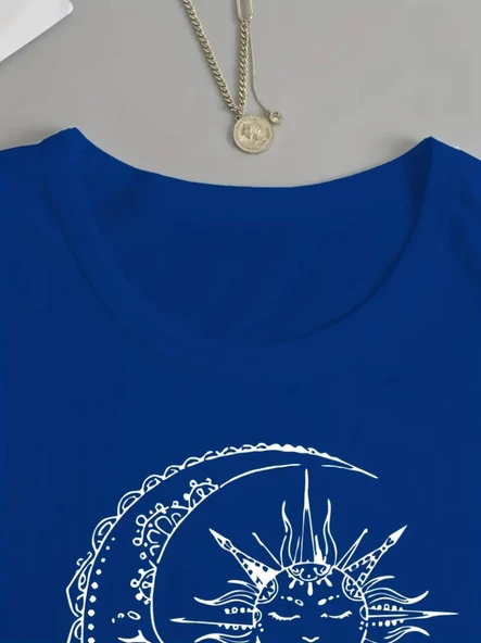 Kadın Uzun Kollu Bisiklet Yaka Ay Baskılı Viskon Bluz - Resim 2