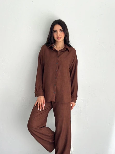 Gömlek Pantolon Ikili Takım - Kahverengi - 3