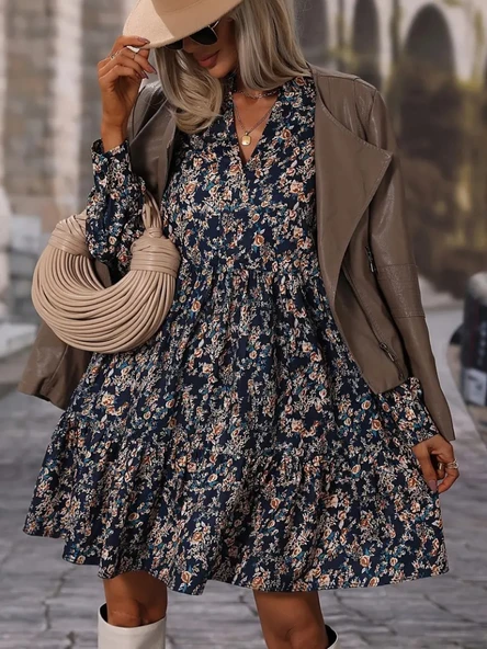 Kadın Uzun Kollu Hakim V Yakalı Desenli Volanlı Süprem Elbise ürün görseli